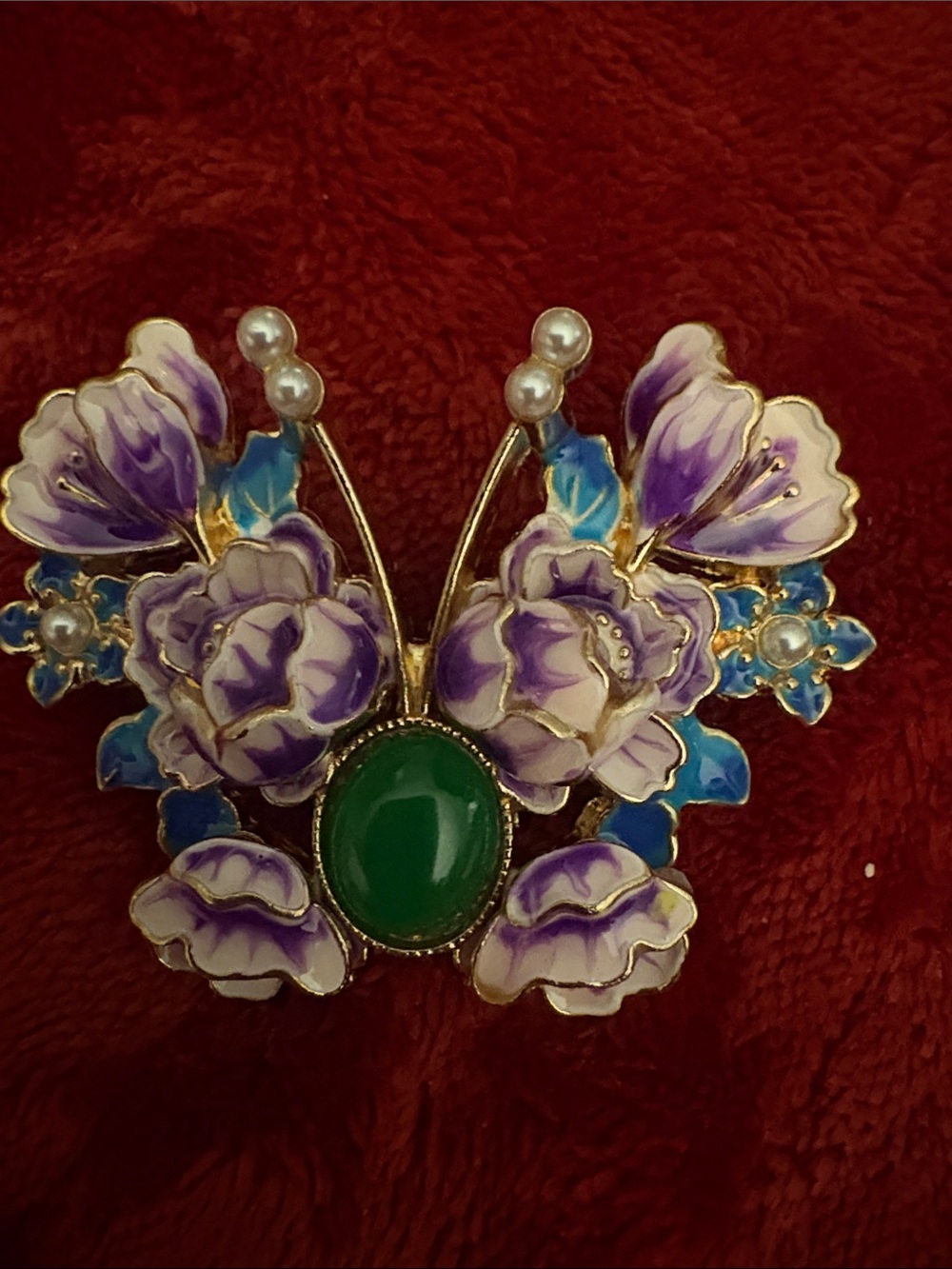 Floral Butterfly Enamel Brooch with Green Cabochon